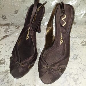 Nina Satin Brown Peep Toe Sling Backs Sz. 7